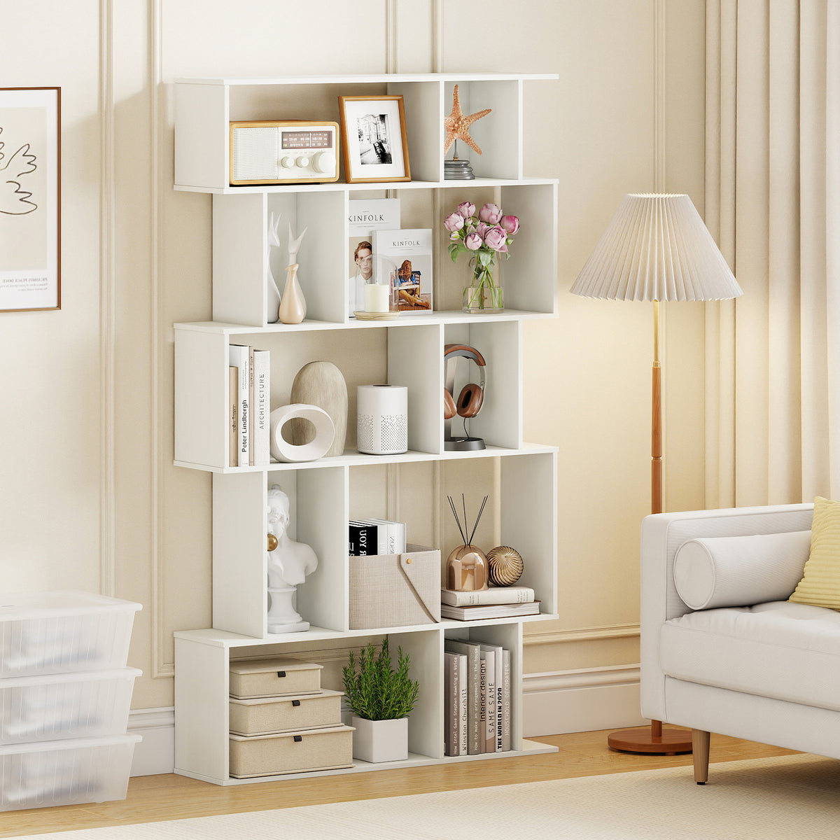 Geometric Bookshelf 5-Tier Bookcase with Open Shelves and Closed-back Cubes-White