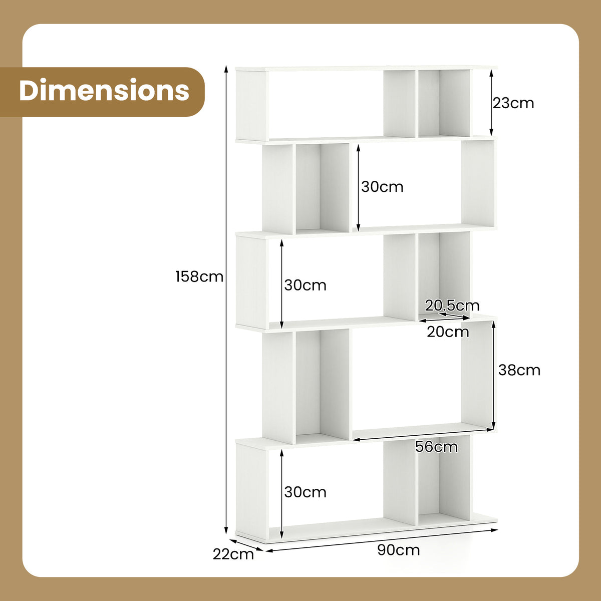 Geometric Bookshelf 5-Tier Bookcase with Open Shelves and Closed-back Cubes-White
