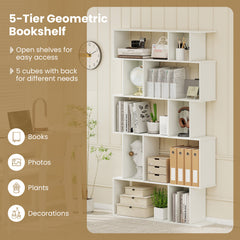 Geometric Bookshelf 5-Tier Bookcase with Open Shelves and Closed-back Cubes-White