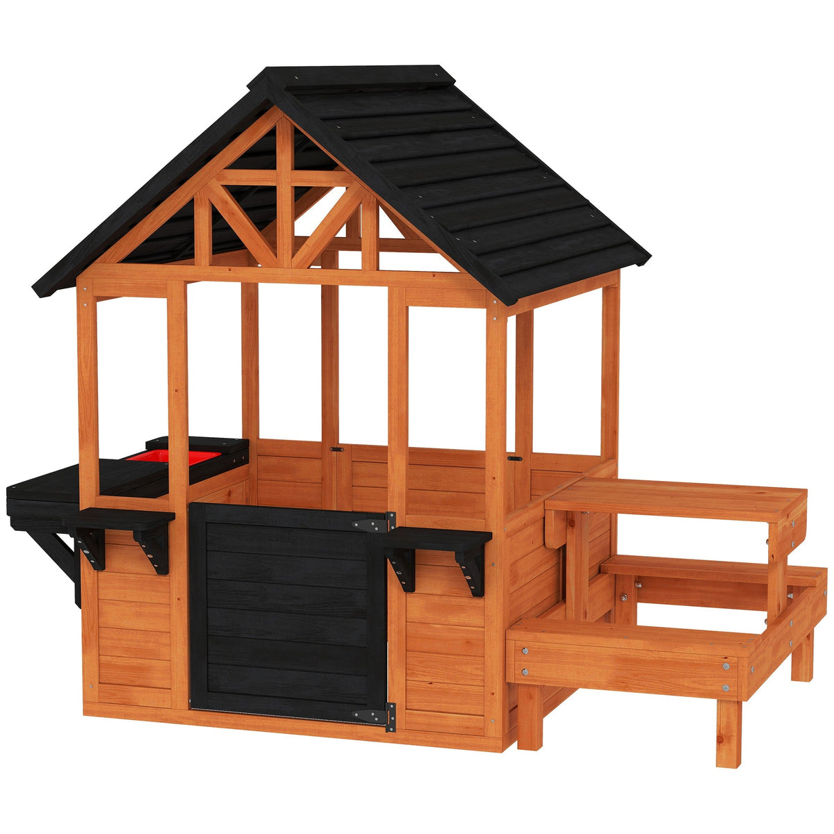 AIYAPLAY Wooden Playhouse Playhouse for Kids with Table, Benches, Sink Table, Windows, Flowerpot Holders, for Ages 3-8, Brown