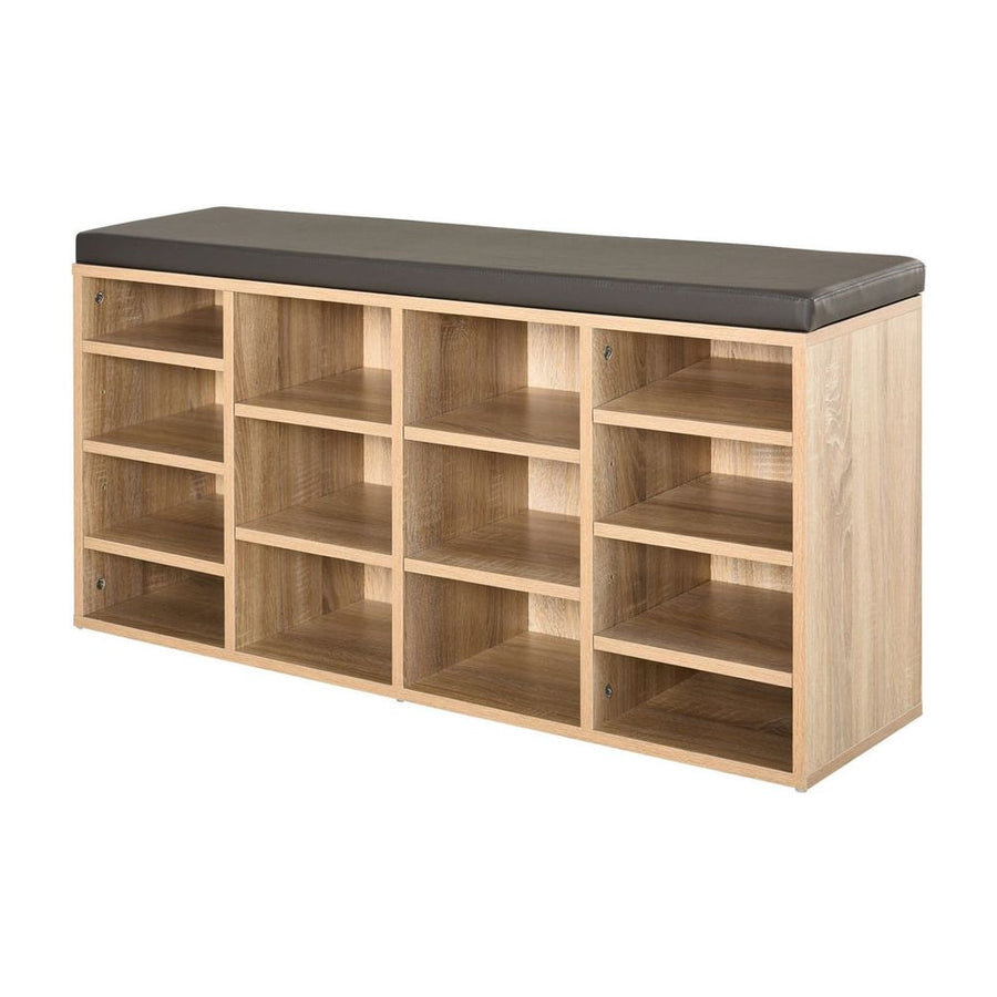 HOMCOM Multi-Storage Shoe Rack with 14 compartments and a cushioned top in brown wood effect