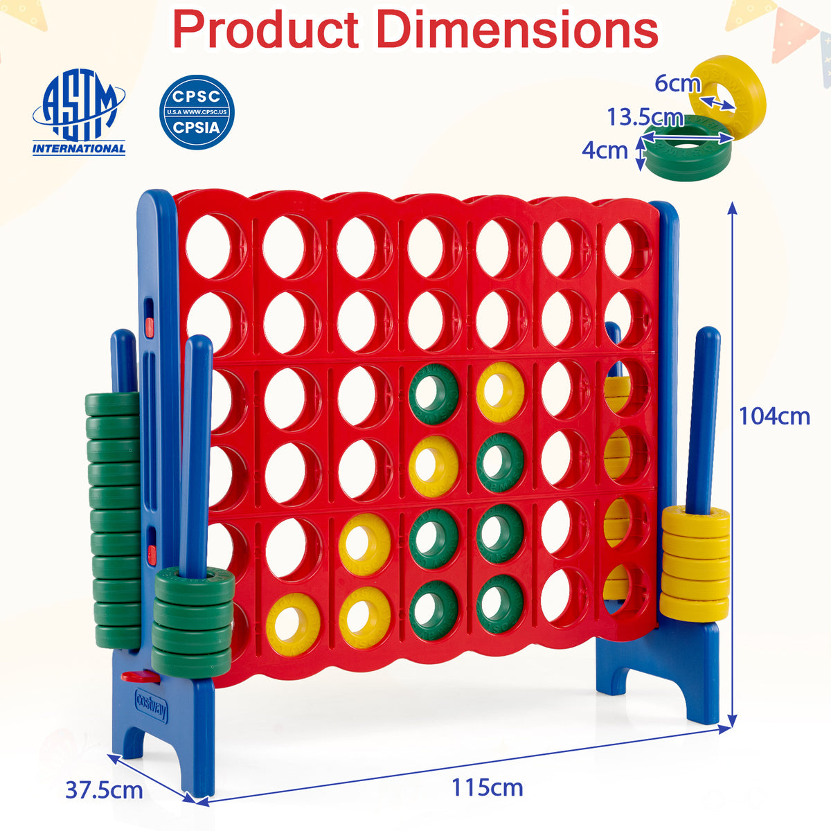 Giant 4-in-a-Row Game Set Jumbo 4-to-Score Game with 42 Rings and Quick-Release Slider-Red
