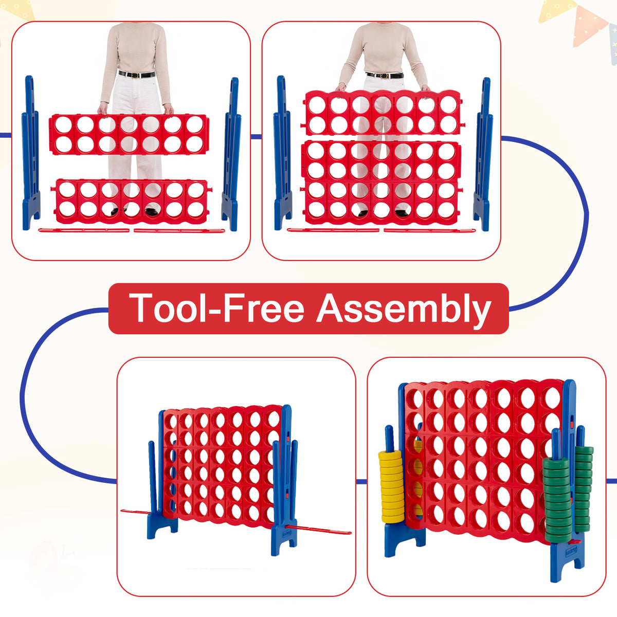 Giant 4-in-a-Row Game Set Jumbo 4-to-Score Game with 42 Rings and Quick-Release Slider-Red
