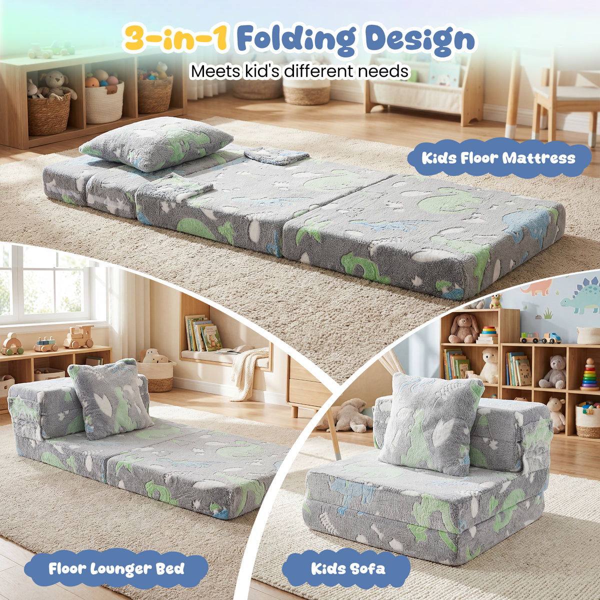 Glow In the Dark Kids Couch with Washable Zippered Covers and Extra Pillow-Grey