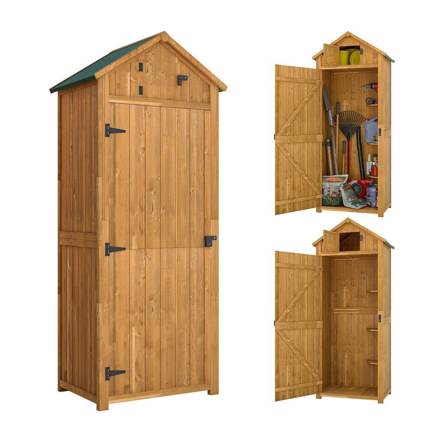 Outsunny Garden Shed Wood Outdoor Garden Tool Storage Unit with 3 Detachable Shelves, 77 x 54.2 x 179cm, Brown