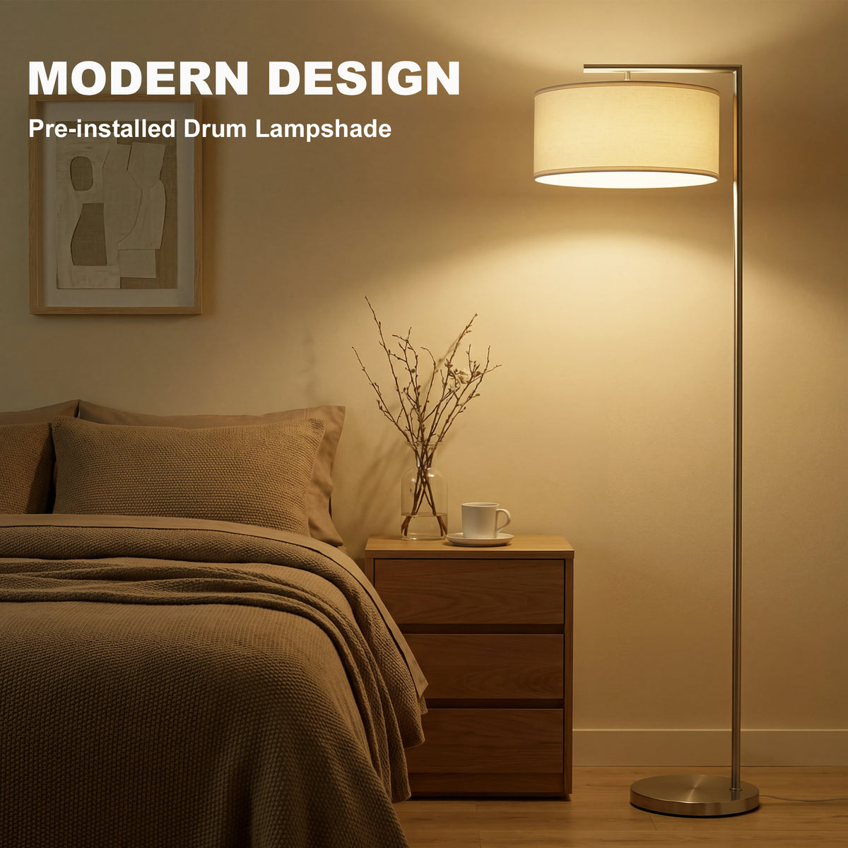 HOMCOM Floor Lamp, Modern Standing Lamp with Linen Lampshade, Round Base for Living Room, Bedroom, Dining Room, 153cm, Silver Tone