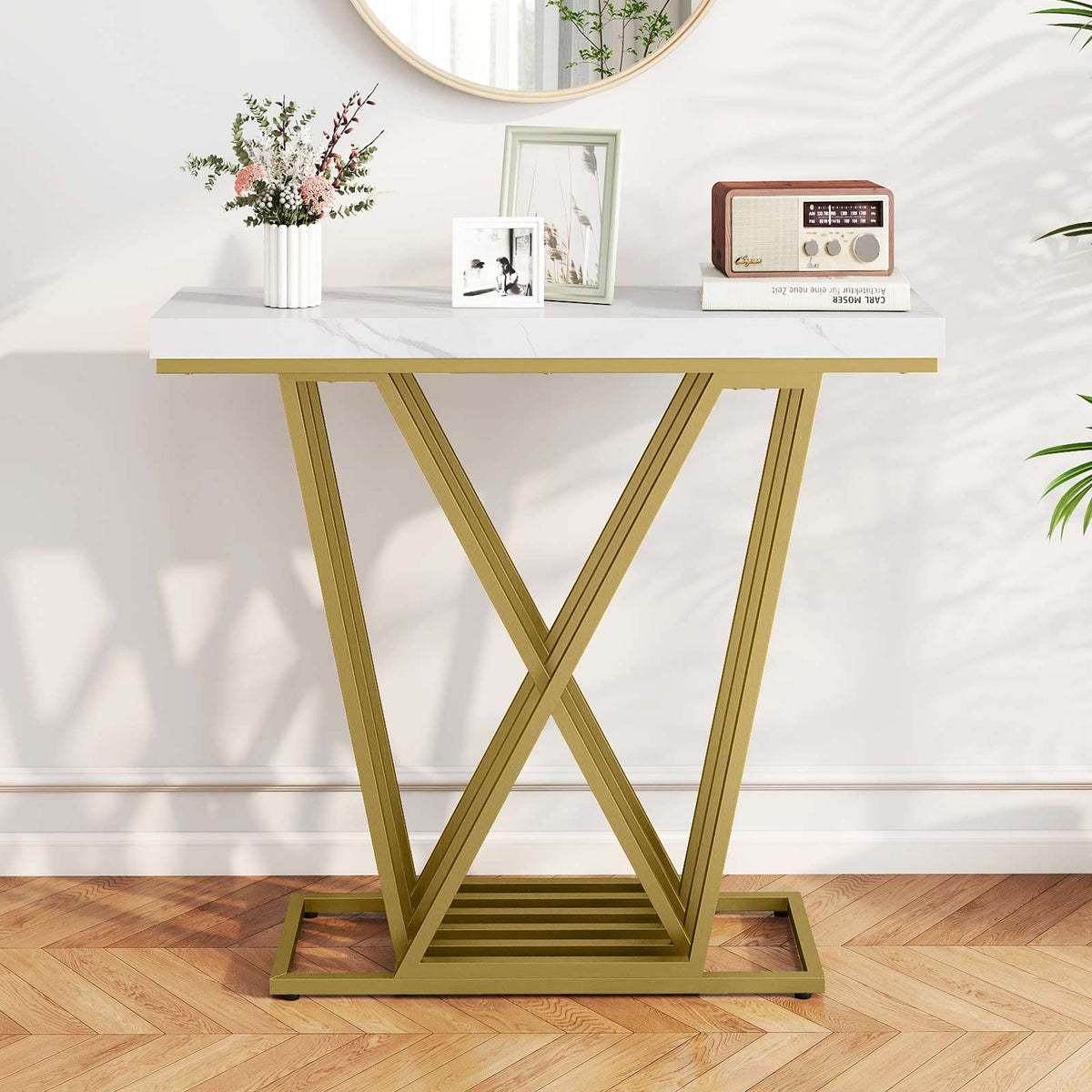 Gold Console Table Modern Sofa Table with Faux Marble Rectangular Tabletop-White