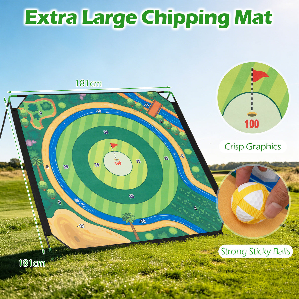 Golf Chipping Game Set 71" x 71" Large Chipping Mat with 2 Adjustable Clubs