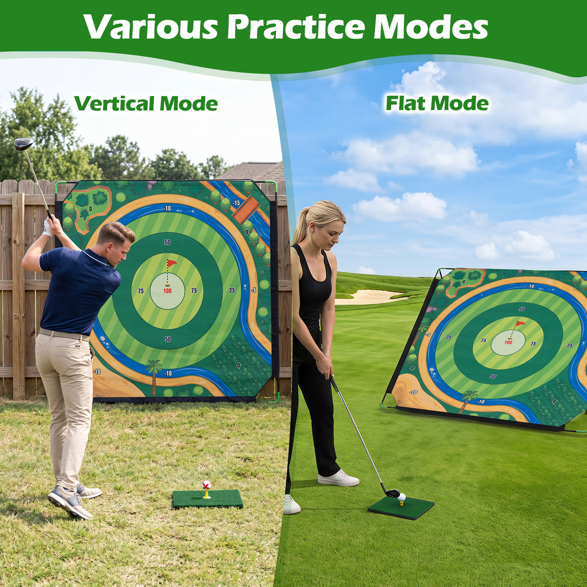 Golf Chipping Game Set 71" x 71" Large Chipping Mat with 2 Adjustable Clubs