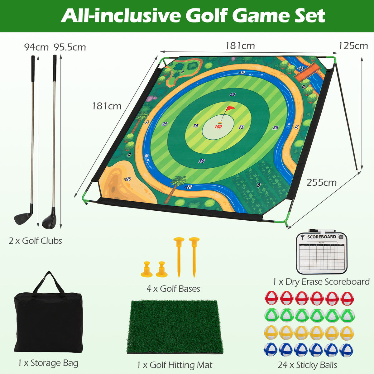 Golf Chipping Game Set 71" x 71" Large Chipping Mat with 2 Adjustable Clubs