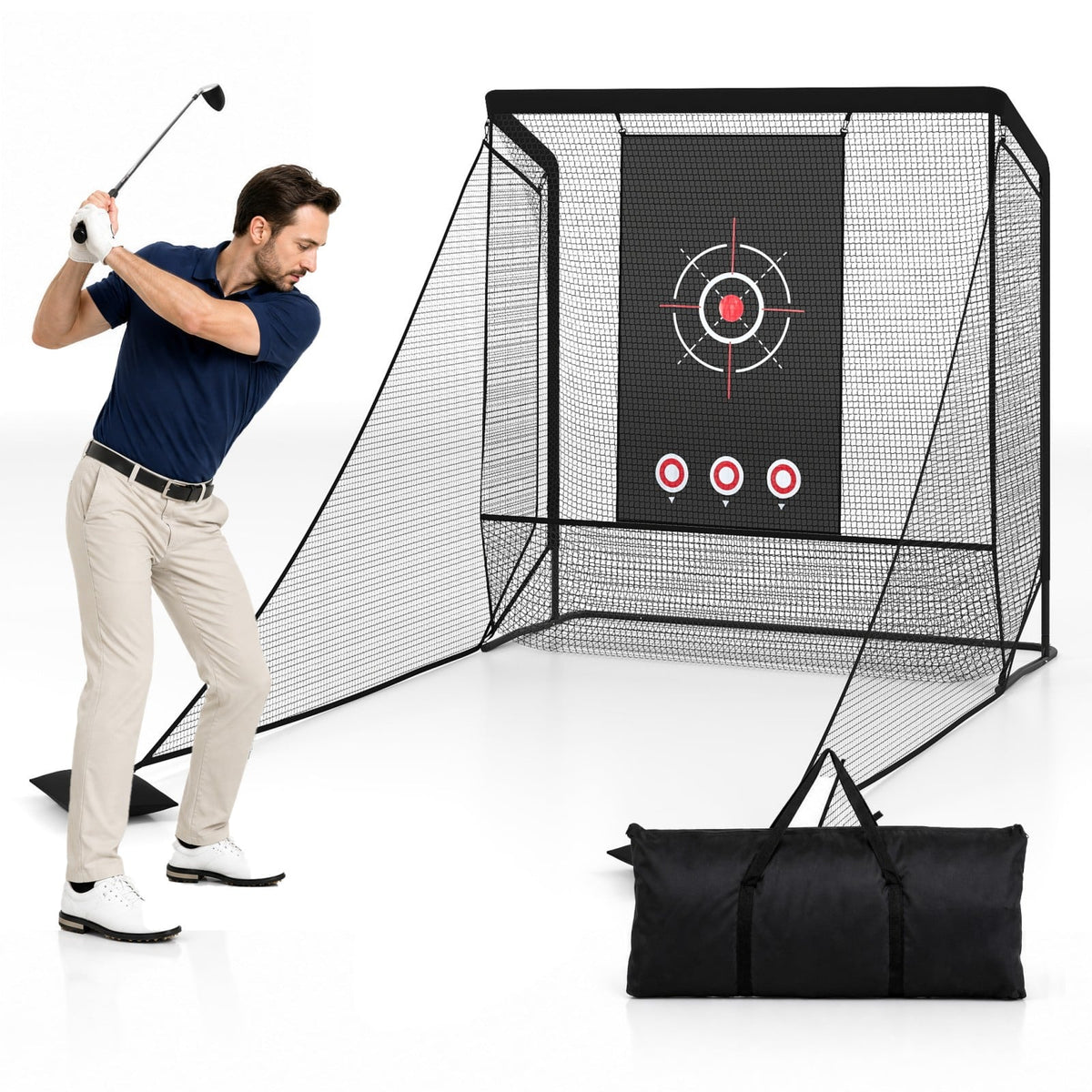 Golf Practice Net with Dual Side Barriers and Sand Bags for Backyard