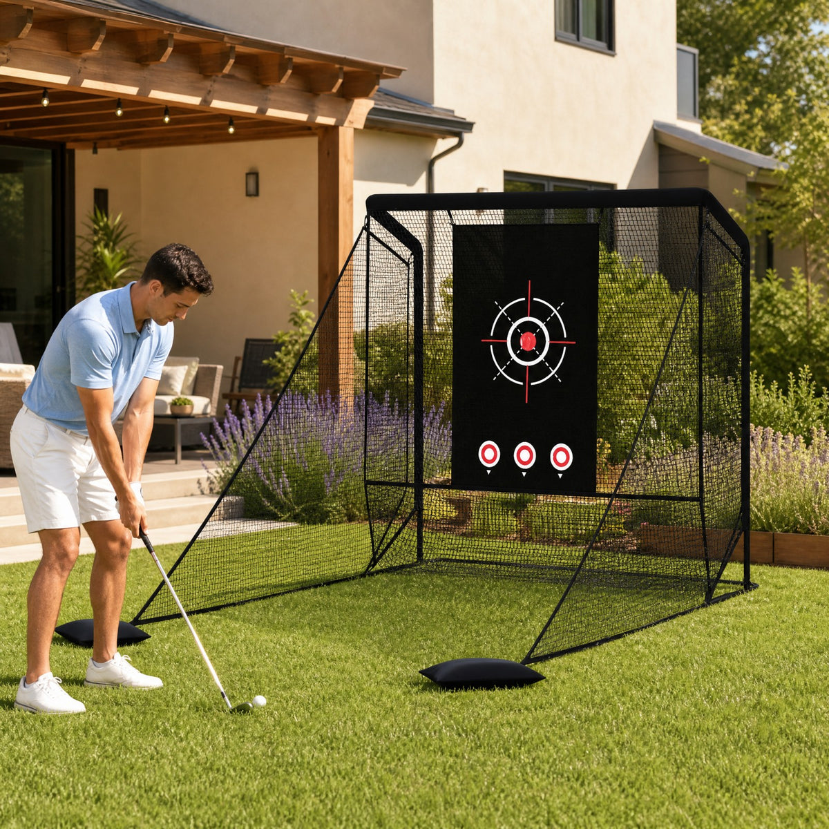 Golf Practice Net with Dual Side Barriers and Sand Bags for Backyard