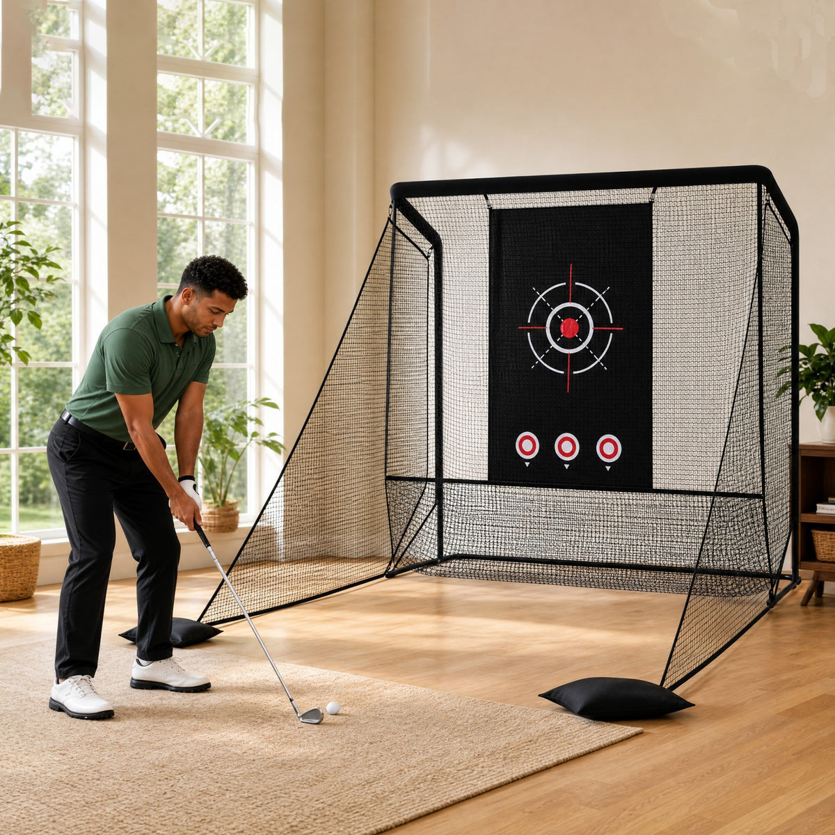 Golf Practice Net with Dual Side Barriers and Sand Bags for Backyard