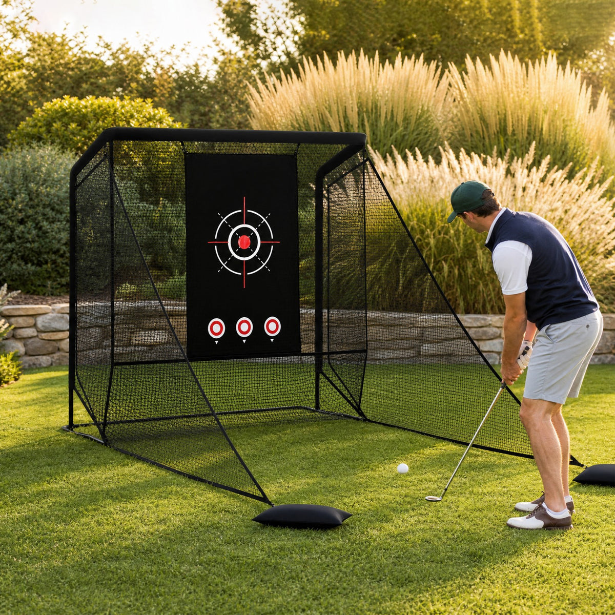 Golf Practice Net with Dual Side Barriers and Sand Bags for Backyard