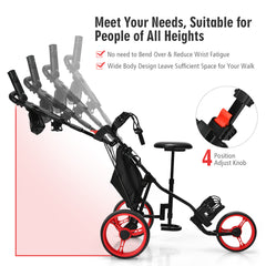 Golf Push Pull Cart with Storage Bag and Foot Brake-Red