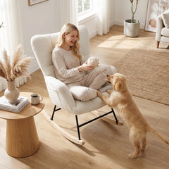 HOMCOM Rocking Chair, Teddy Fleece Rocker Chair with Tufted Wingback, Side Pockets, Rubber Wood Legs, Cream White