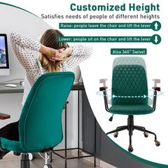 Green velvet office chair showing how to adjust height and swivel