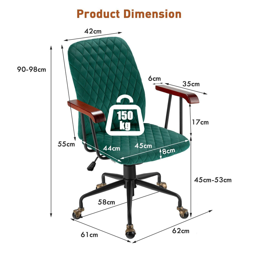 Product dimension diagram for the green velvet office chair with measurements