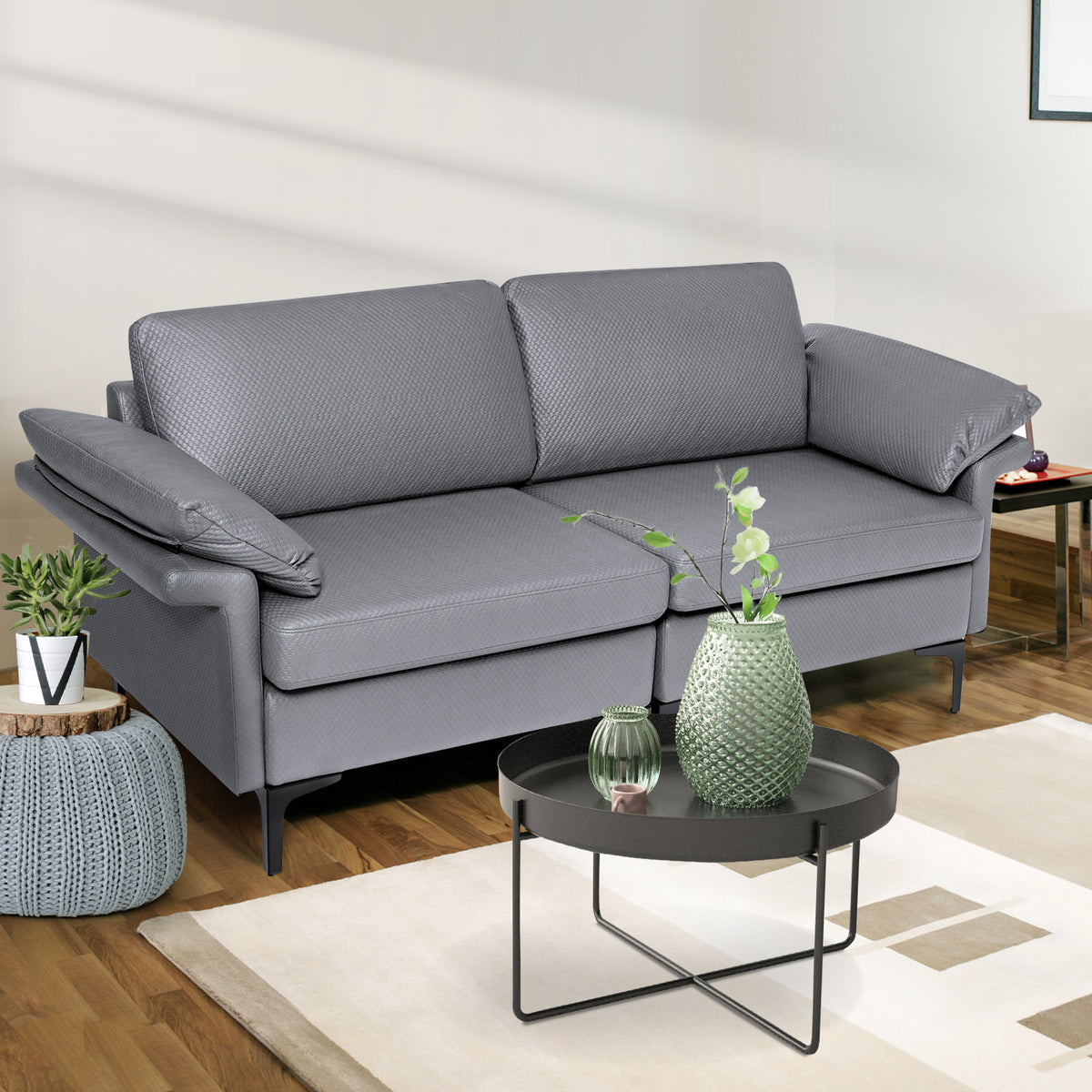 L-Shaped 2-Seater Upholstered Sectional Couch-Grey