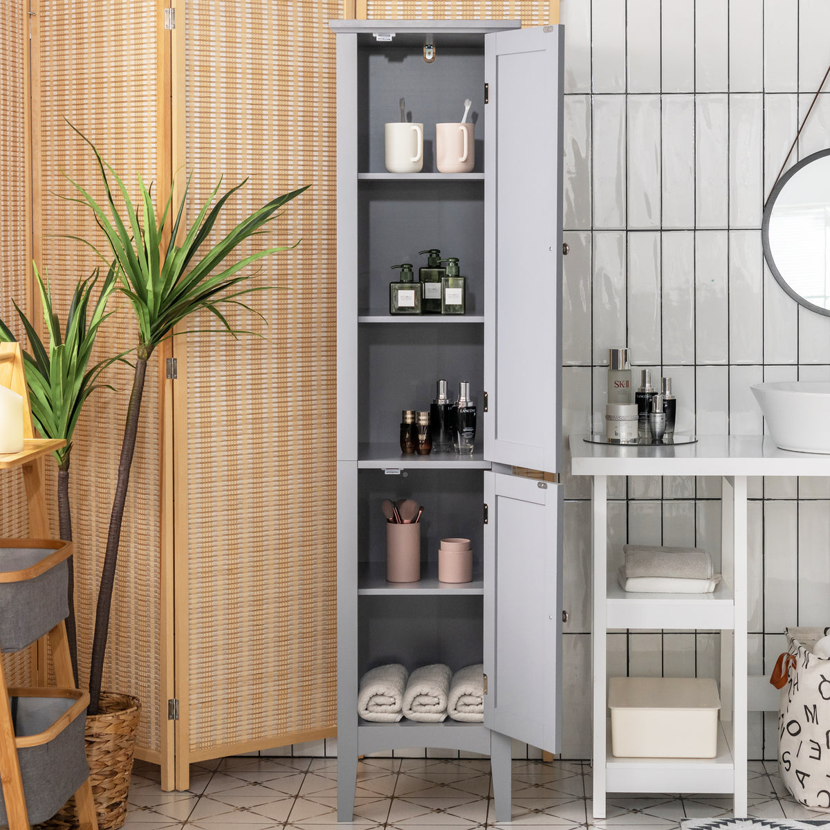 2-Door 160cm High Freestanding Bathroom Cabinet with 5-Tier Shelves-Grey