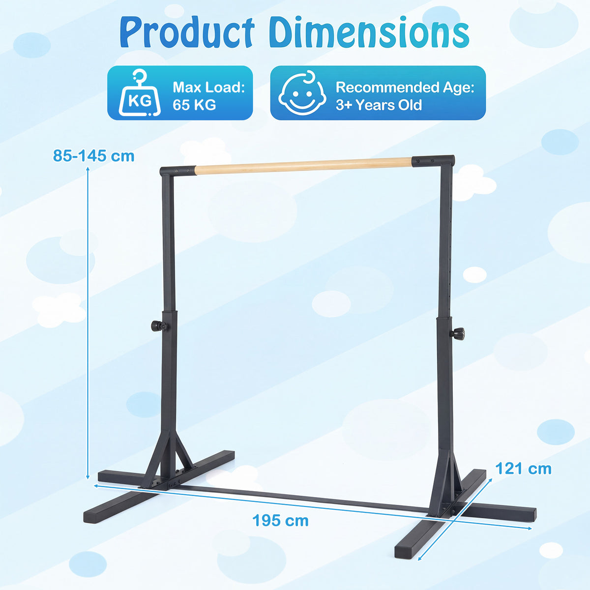 Gymnastics Bar Adjustable Horizontal Kip Bar with 85-145 CM 12-Level Height-Black