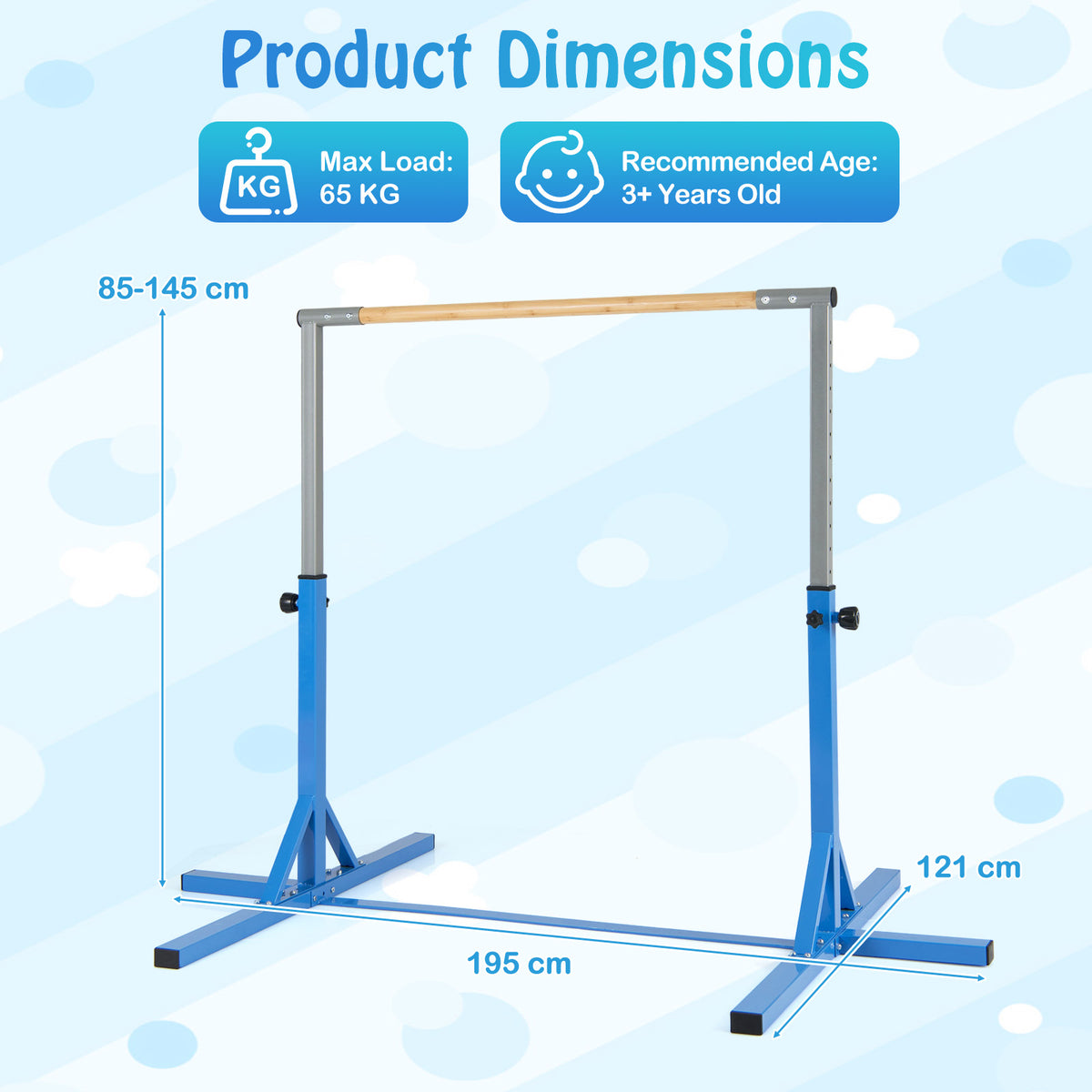 Gymnastics Bar Adjustable Horizontal Kip Bar with 85-145 CM 12-Level Height-Blue