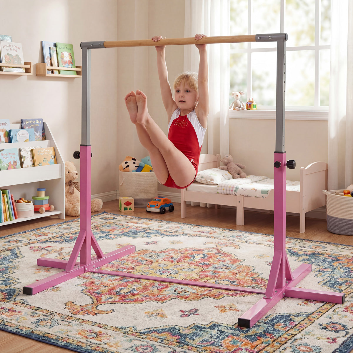 Gymnastics Bar Adjustable Horizontal Kip Bar with 85-145 CM 12-Level Height-Pink