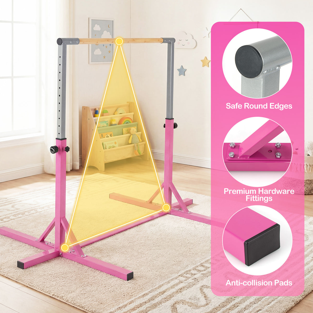 Gymnastics Bar Adjustable Horizontal Kip Bar with 85-145 CM 12-Level Height-Pink