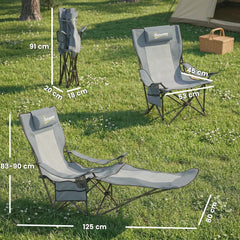 Outsunny Camping Chair Reclining Portable Camp Chair with Detachable Footrest Cup Holder Grey