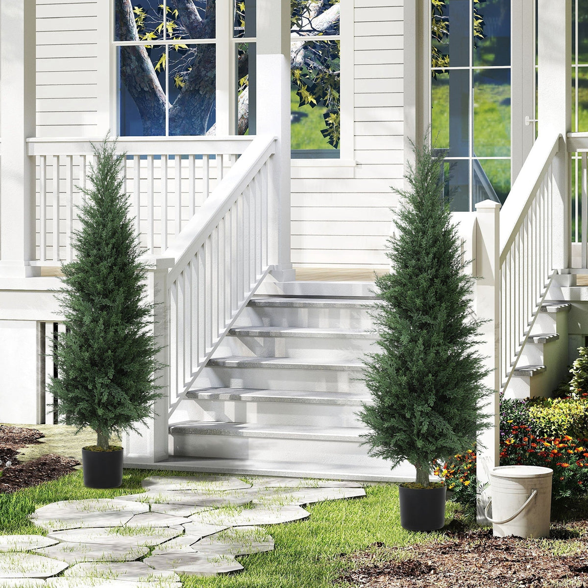 HOMCOM Set of Two Artificial Cypress Trees - Green