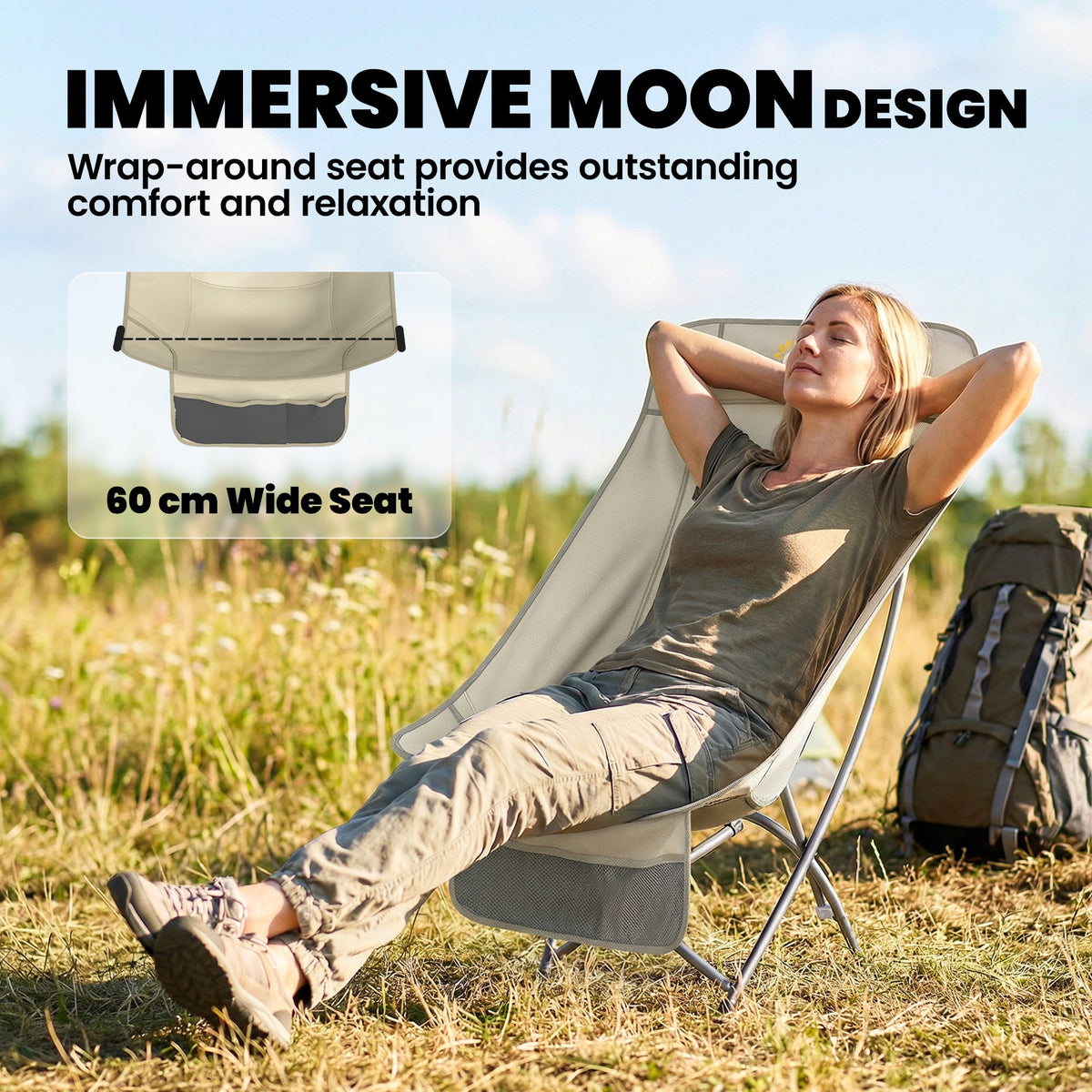 Outsunny Camping Chair for Adults Heavy Duty Folding Camp Chair with Side Pocket and Carry Bag Khaki