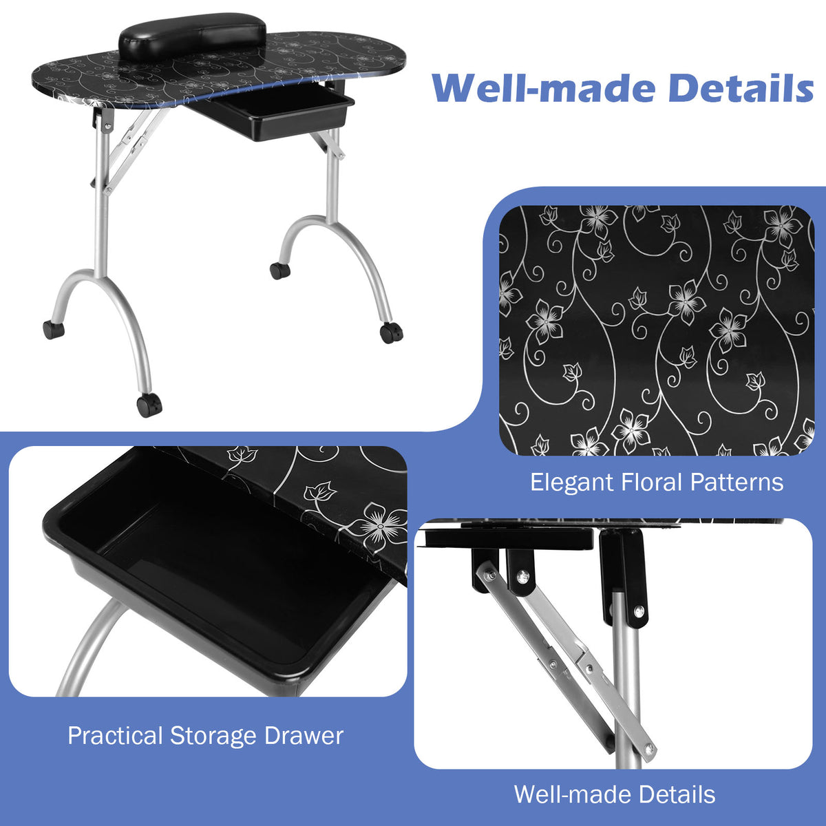 Portable Nail Table Station Manicure Tech Desk Nails Art Table 4 Rolling Wheels-Black