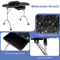 Portable Nail Table Station Manicure Tech Desk Nails Art Table 4 Rolling Wheels-Black