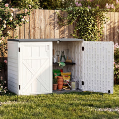 HDPE Horizontal Storage Shed with 3-Level Adjustable Shelf Lockable Lid and Doors-White