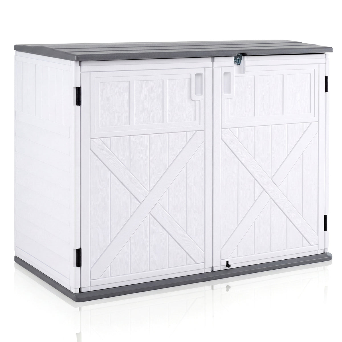 HDPE Horizontal Storage Shed with 3-Level Adjustable Shelf Lockable Lid and Doors-White