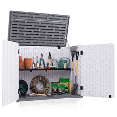 HDPE Horizontal Storage Shed with 3-Level Adjustable Shelf Lockable Lid and Doors-White