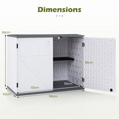 HDPE Horizontal Storage Shed with 3-Level Adjustable Shelf Lockable Lid and Doors-White