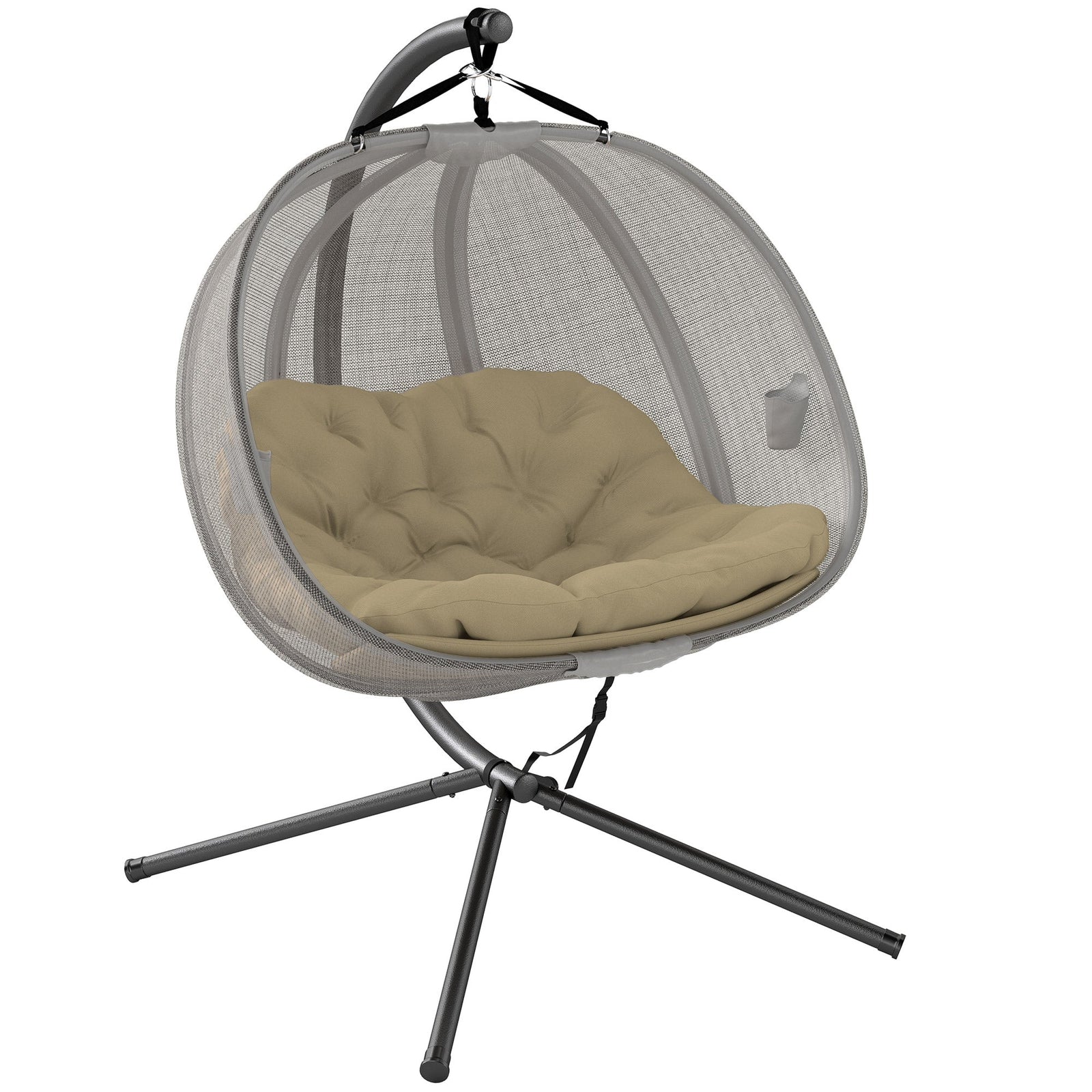 Outsunny Double Hanging Egg Chair 2 Seaters Texteline Swing Hammock Chair with Stand, Cushion and Folding Design, for Indoor