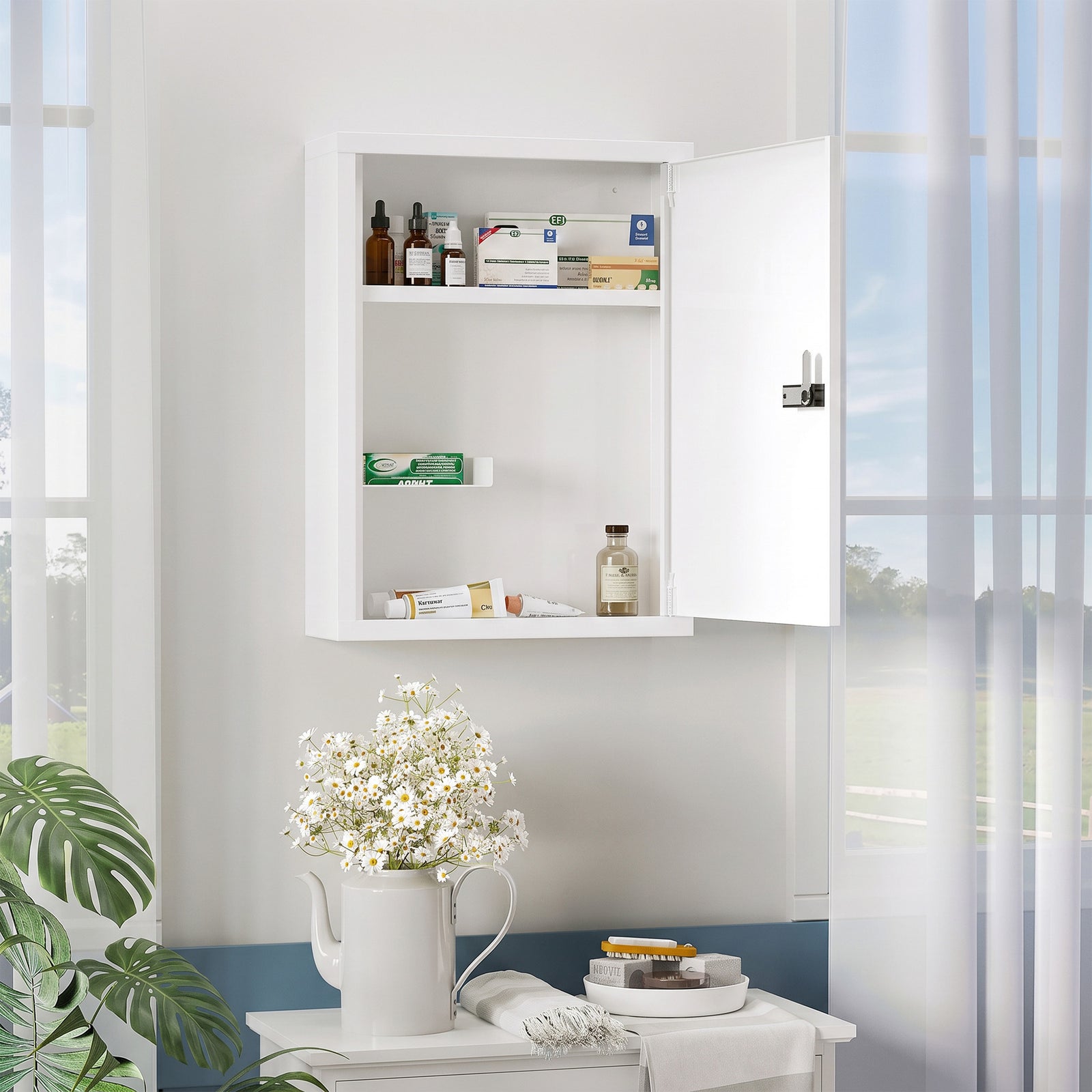 HOMCOM Wall Mount Medicine Cabinet, Bathroom Cabinet with Combination Lock, Door and Storage Shelves, White