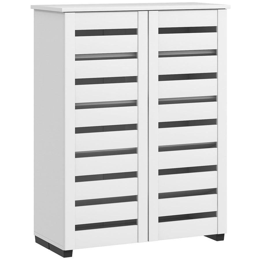 HOMCOM Narrow Shoe Cabinet for Entryway, a white slim cabinet with two slatted doors