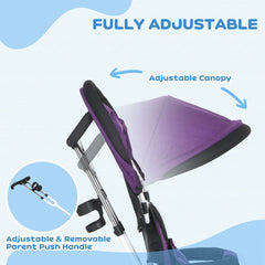 HOMCOM 6 in 1 Kids Trike Push Bike w/ Push Handle, Canopy, 5-point Safety Belt, Storage, Footrest, Brake, for 1-5 Years, Purple