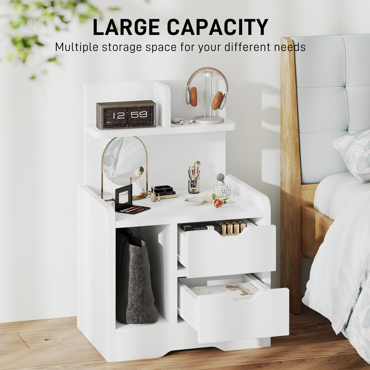 HOMCOM Bedside Table with 2 Drawers and Open Shelves - High Gloss White