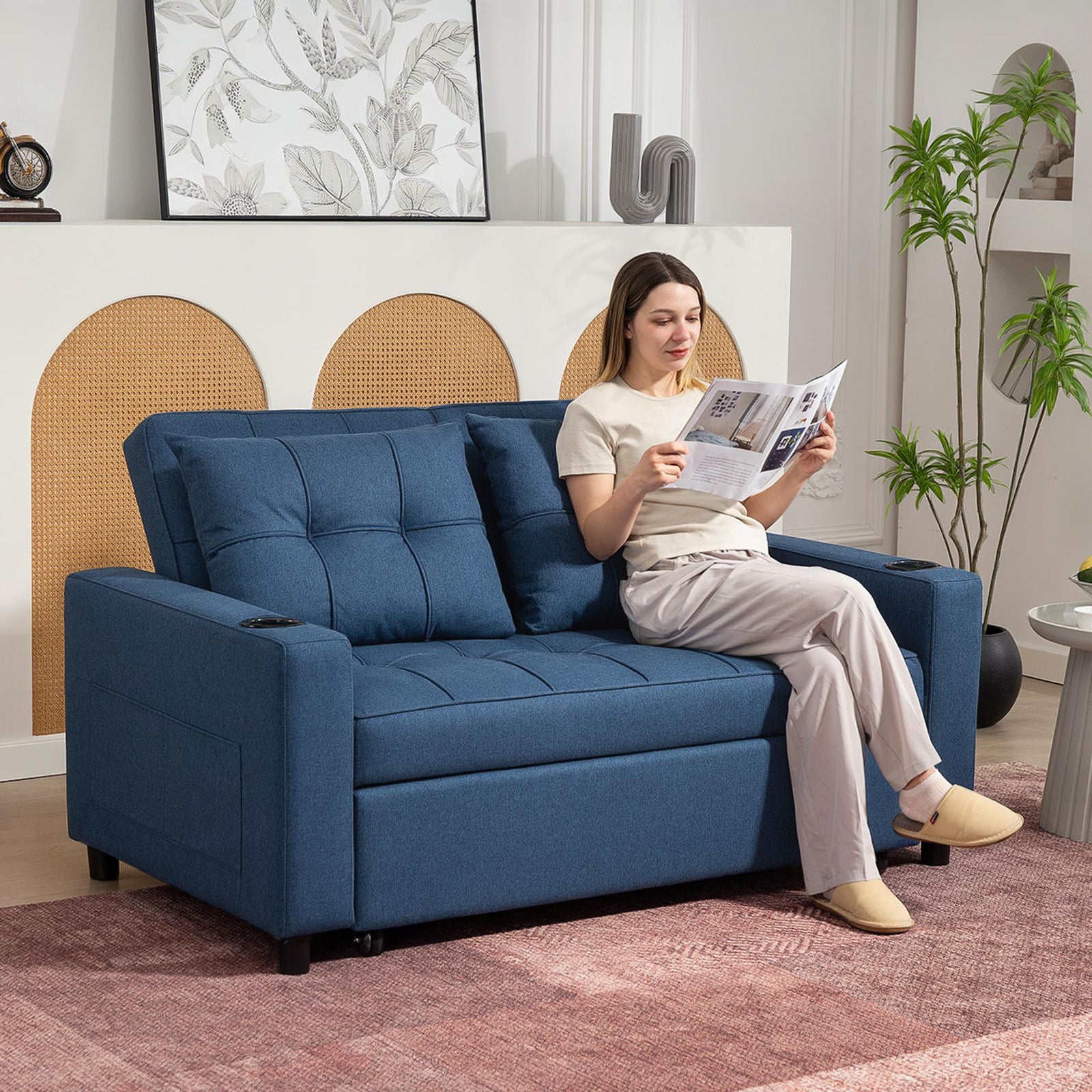 HOMCOM Two-Seater Pull-Out Sofa Bed - Dark Blue