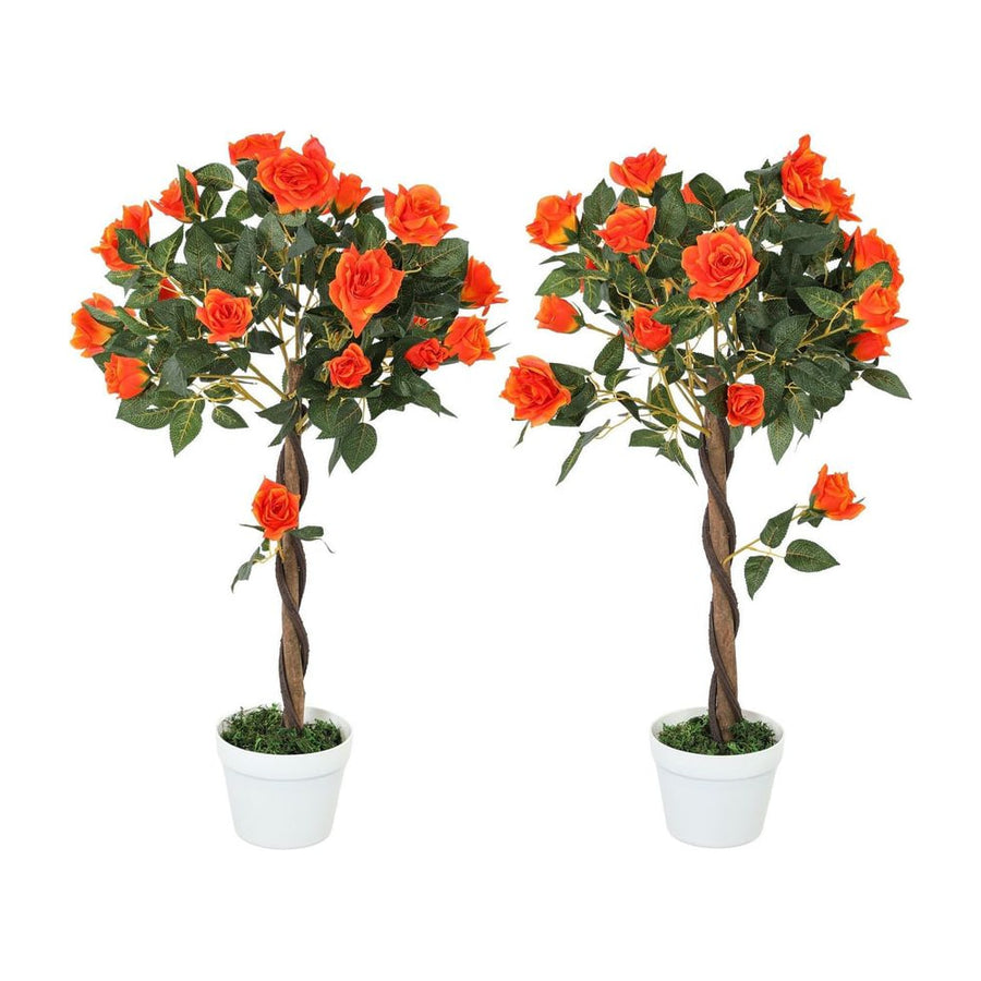 Outsunny Set of 2 Artificial Plants White Rose Floral in Pot, Fake Plants for Home Indoor Decor, 90cm, Orange