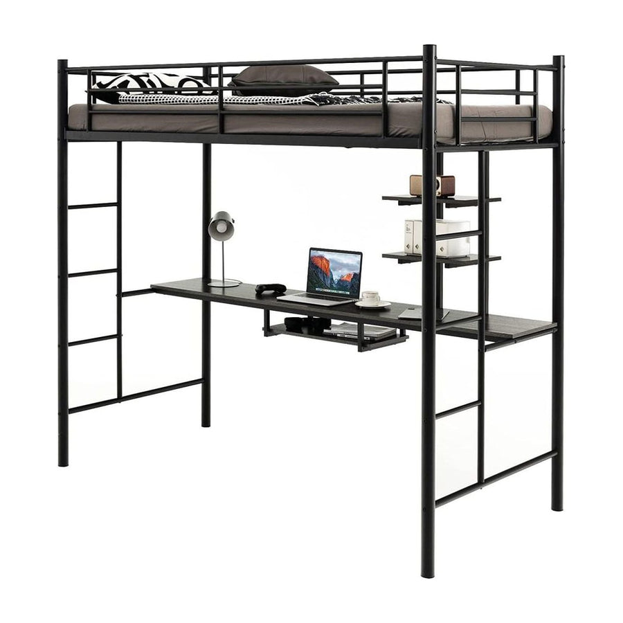 Metal Bunk Bed Frame High Sleeper with Desk and Storage Shelves-Black