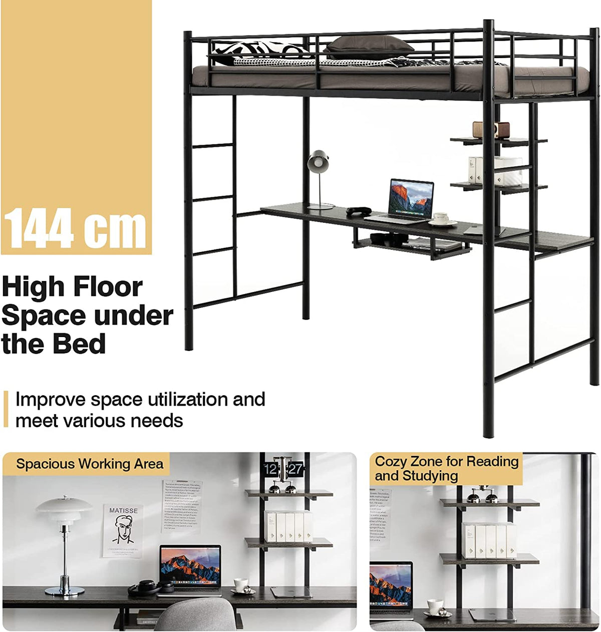 Metal Bunk Bed Frame High Sleeper with Desk and Storage Shelves-Black