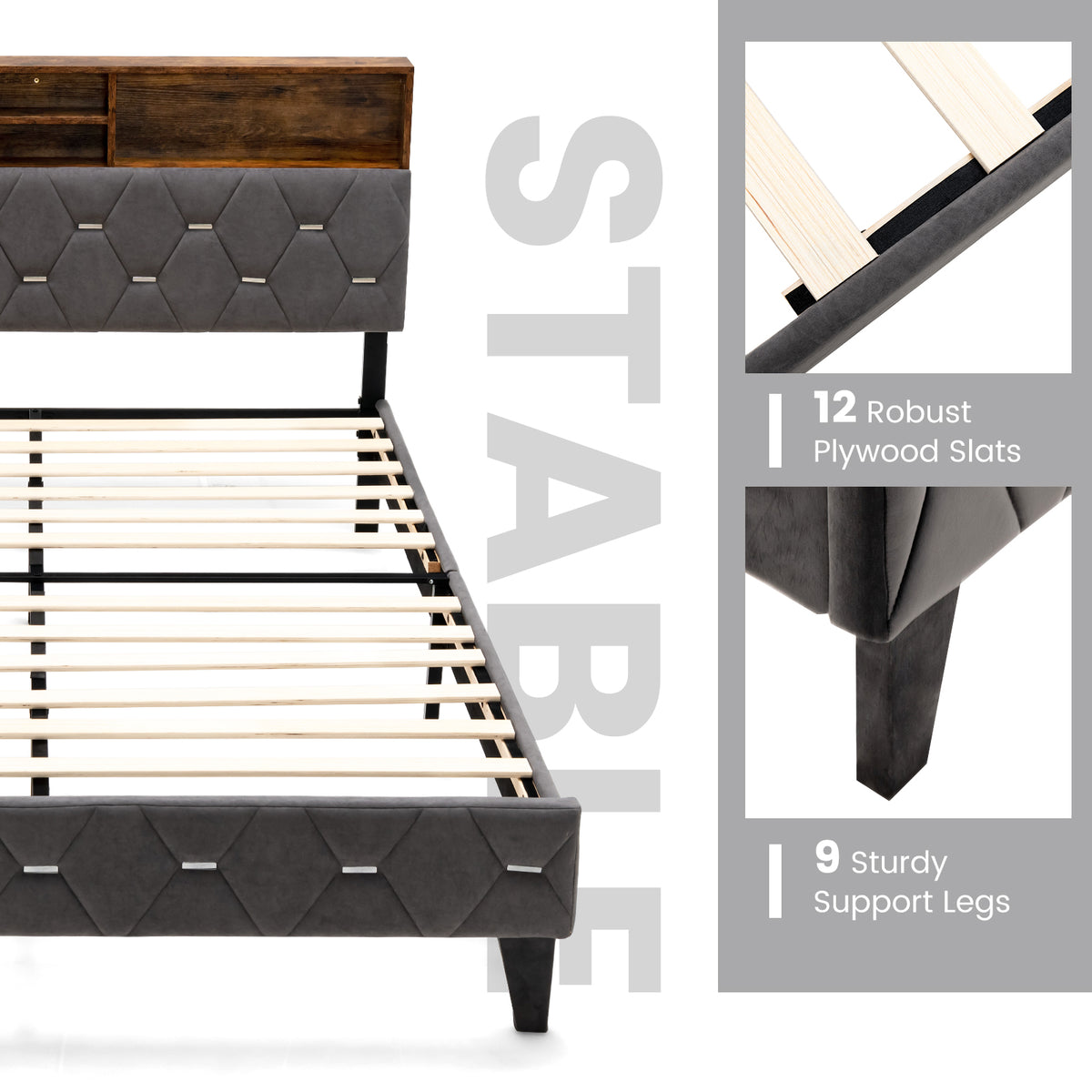Single/Double Bed Frame with Storage Headboard and Slat Support-Double Size
