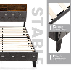 Single/Double Bed Frame with Storage Headboard and Slat Support-Double Size