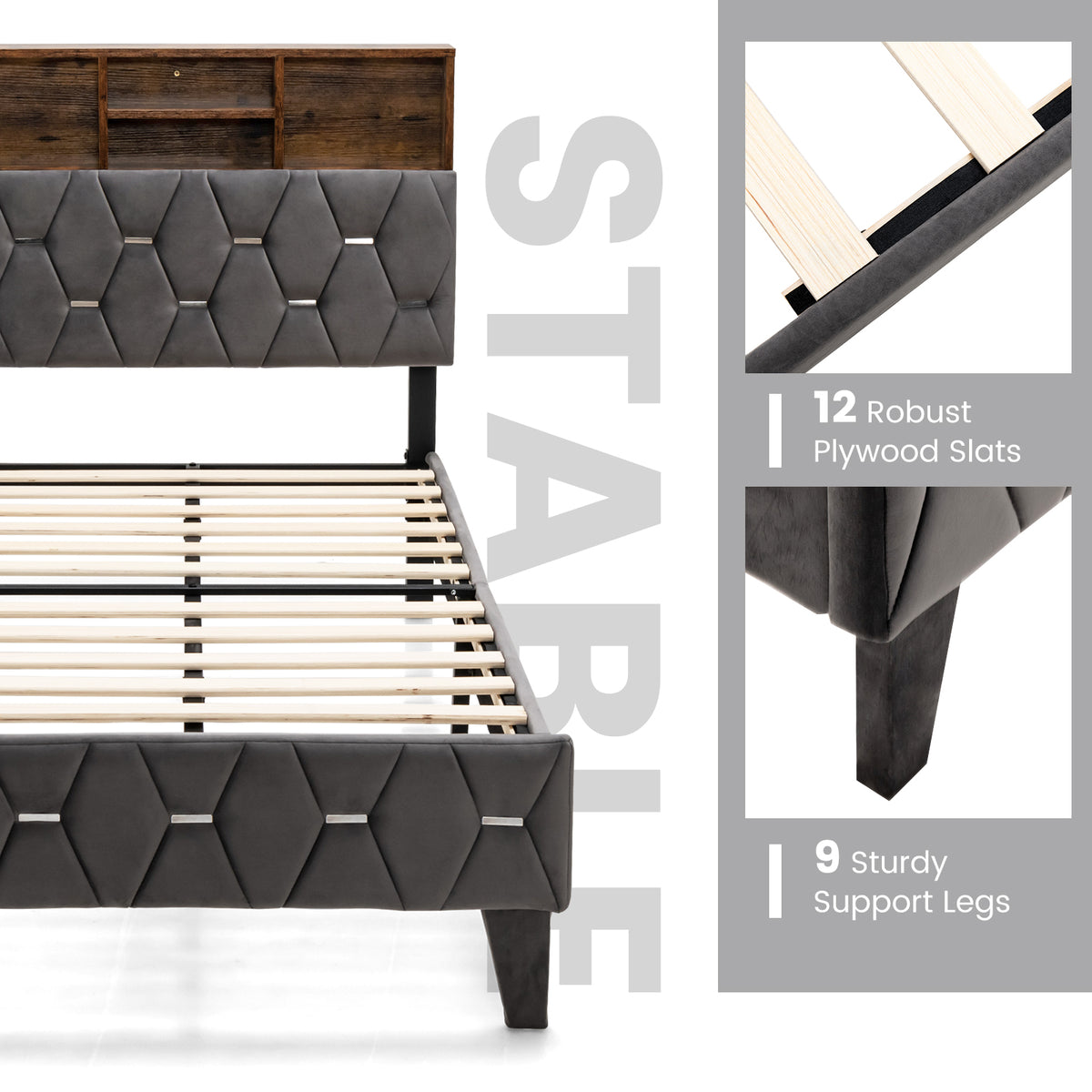 Single/Double Bed Frame with Storage Headboard and Slat Support-Single Size