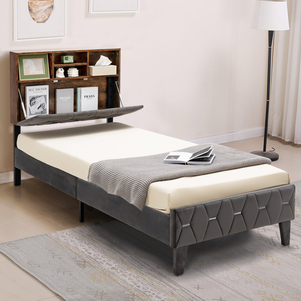 Single/Double Bed Frame with Storage Headboard and Slat Support-Single Size